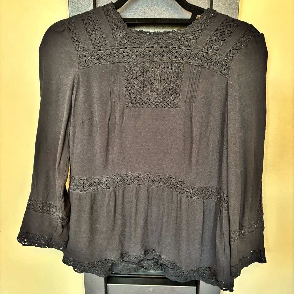 J. Crew Point Sur Black Ruffled Blouse with Lace Details - size 6​​